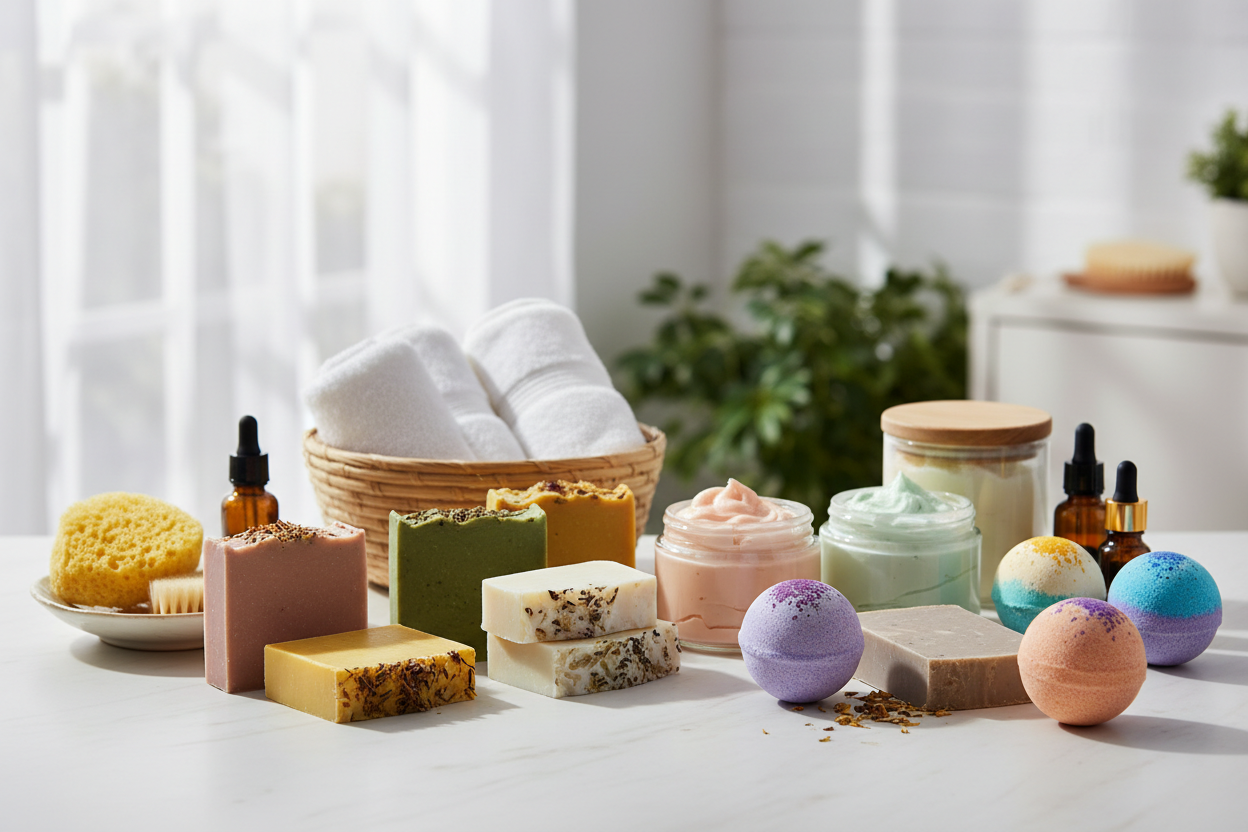 Bars of soap, body butter, bath bombs, etc